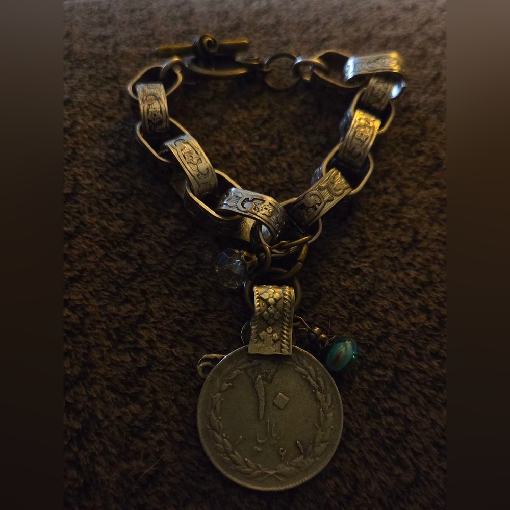 Bohemian Silver-Tone Engraved Pendant Bracelet with Teal Accent Bead - Picture 4 of 6